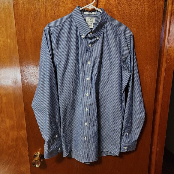 Men's 16 1/2 36 Slim L.L. Bean Blue/White Stripe Long Sleeve Button Down Shirt - Picture 2 of 9